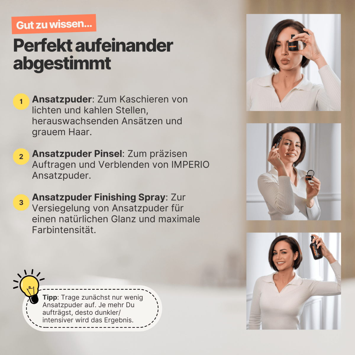 Ansatzpuder Starter - Set (Ansatzpuder, Ansatzpuder Pinsel, Finishing Spray) - IMPERIO COSMETICS