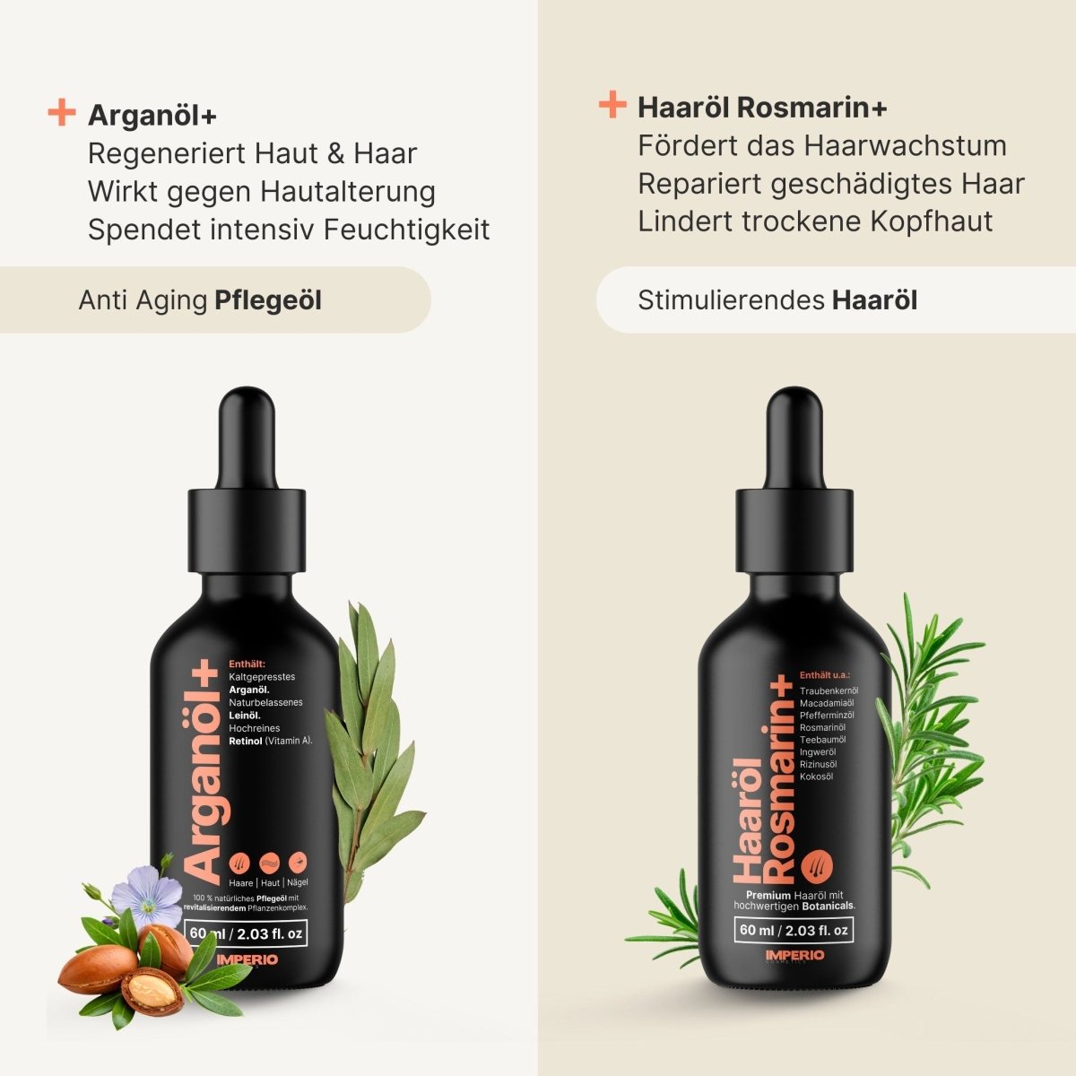 Haut & Haar Intensiv Set (Arganöl+, Haaröl Rosmarin+, Gratis Kopfhaut Massagebürste) - IMPERIO COSMETICS