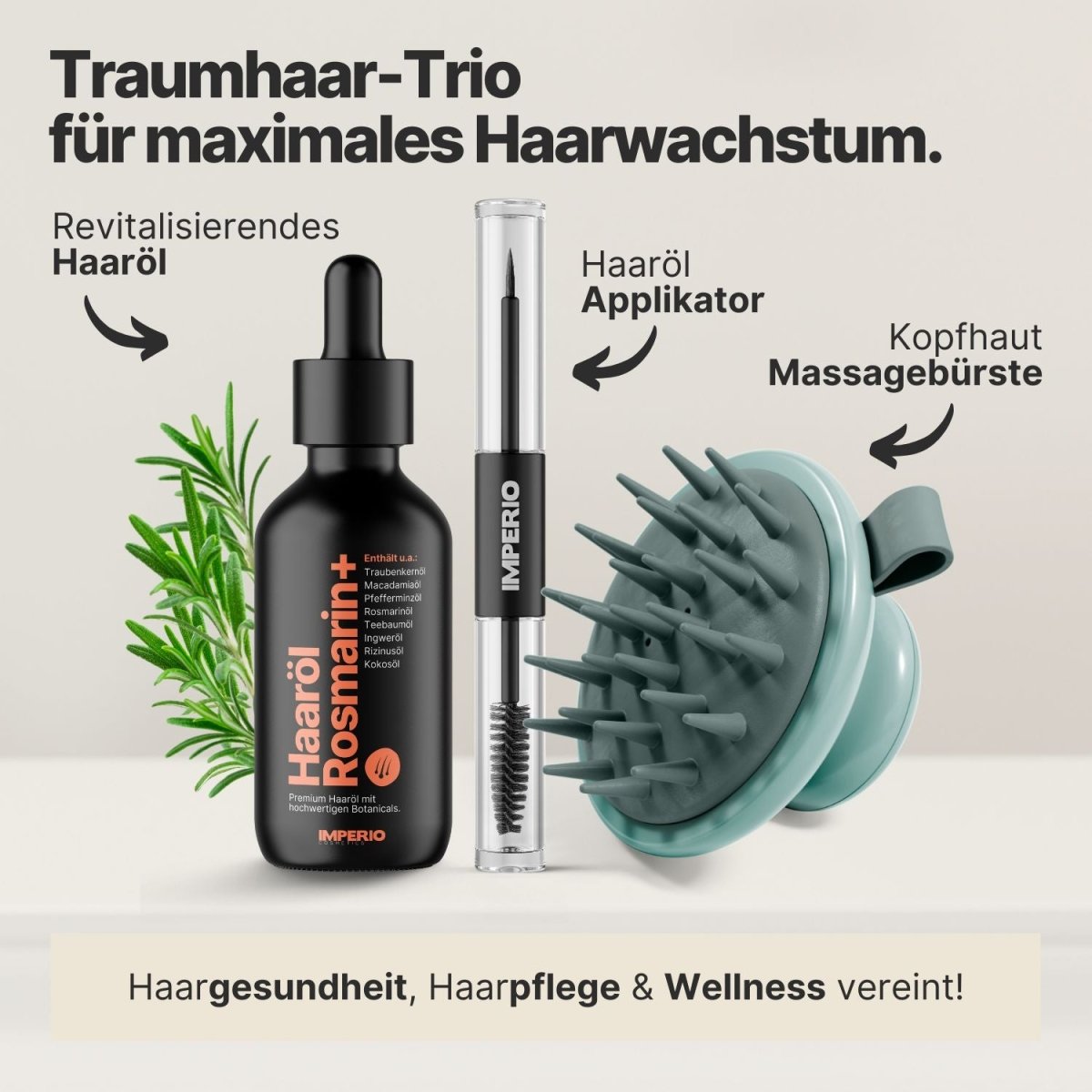 Kopfhaut Verwöhn - Set (Haaröl Rosmarin+, Haaröl Applikator, Shampoo Massagebürste) - IMPERIO COSMETICS