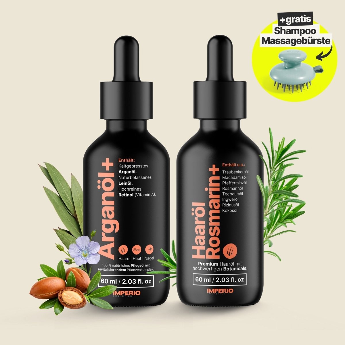 Haut & Haar Intensiv Set (Arganöl+, Haaröl Rosmarin+, Gratis Kopfhaut Massagebürste) - IMPERIO COSMETICS