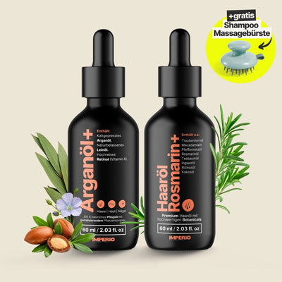 Haut & Haar Intensiv Set (Arganöl+, Haaröl Rosmarin+, Gratis Kopfhaut Massagebürste) - IMPERIO COSMETICS